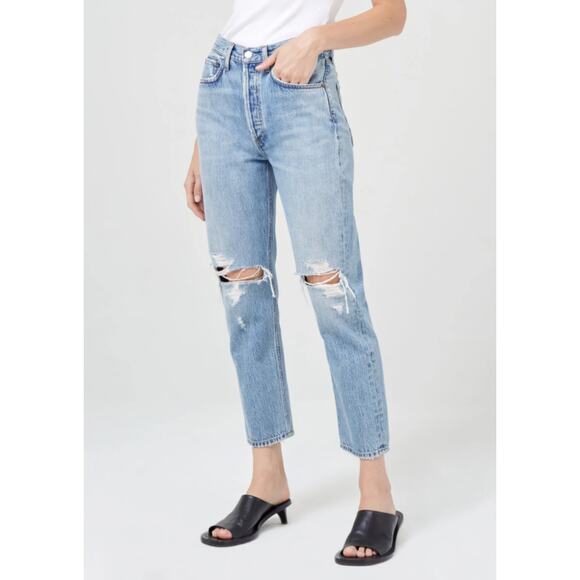 AGOLDE Riley Blue Crop Jeans Cotton Distressed Denim High-Rise Straight Size 31 - Picture 1 of 10